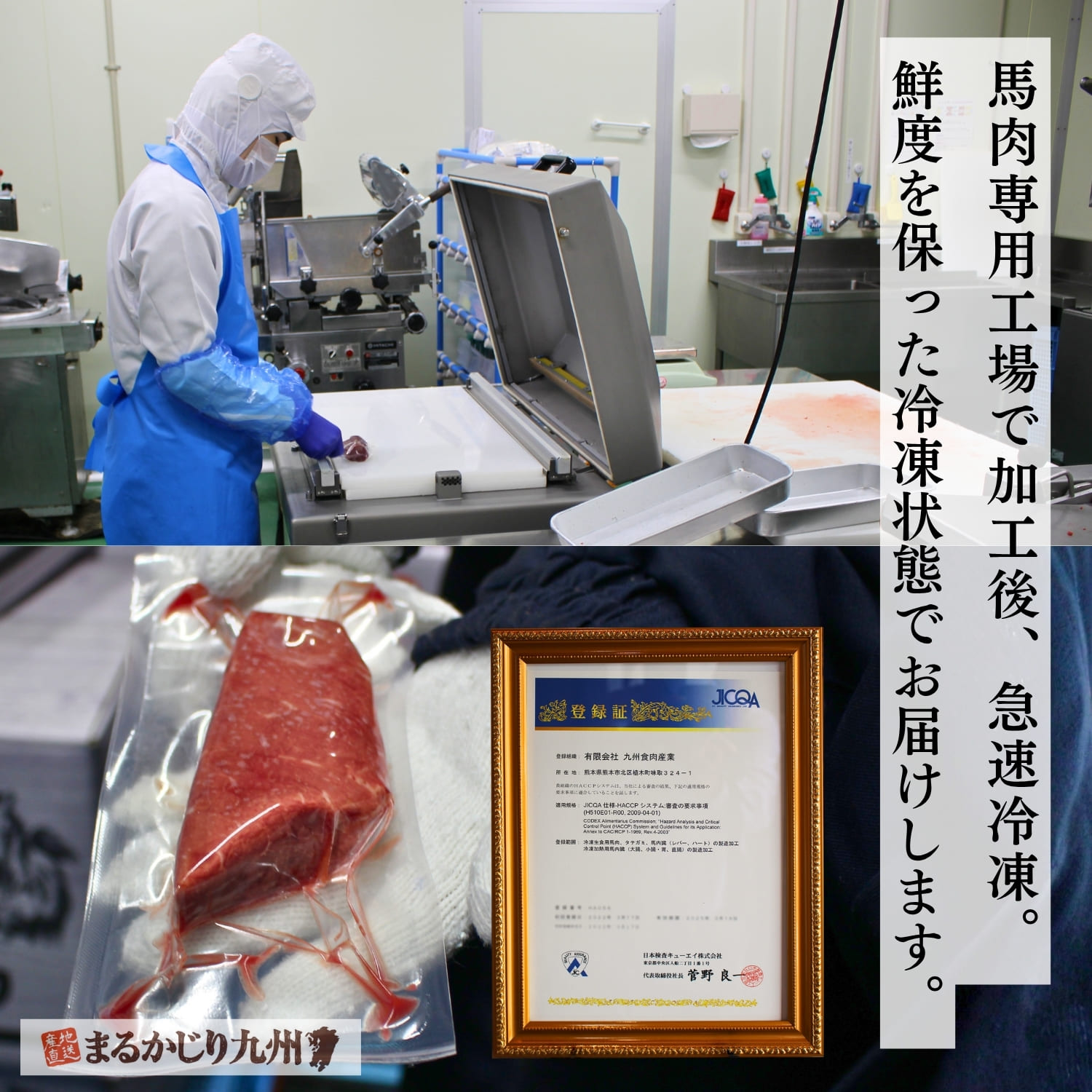 HACCP認証の馬肉専用工場で加工し急速真空冷凍する国産馬刺し