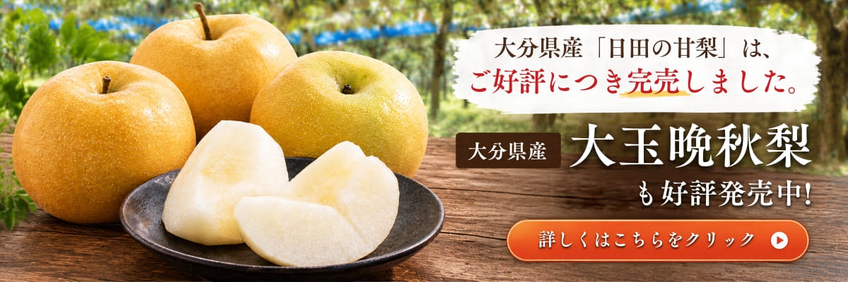 大分県産「日田の甘梨」完売のお知らせと、好評発売中の「大玉晩秋梨」へのご案内