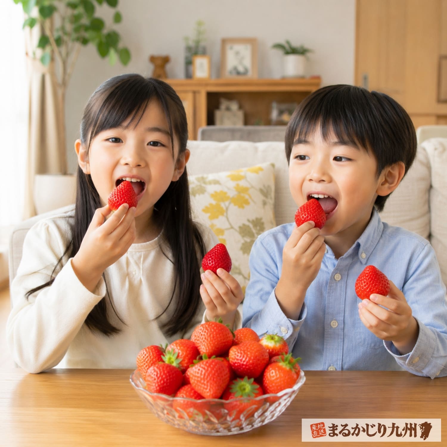 博多あまおうイチゴを美味しそうに食べる子供たち