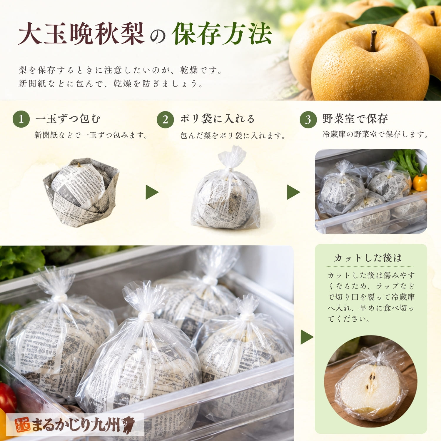大玉晩秋梨を新聞紙とポリ袋で包んで冷蔵保存する方法