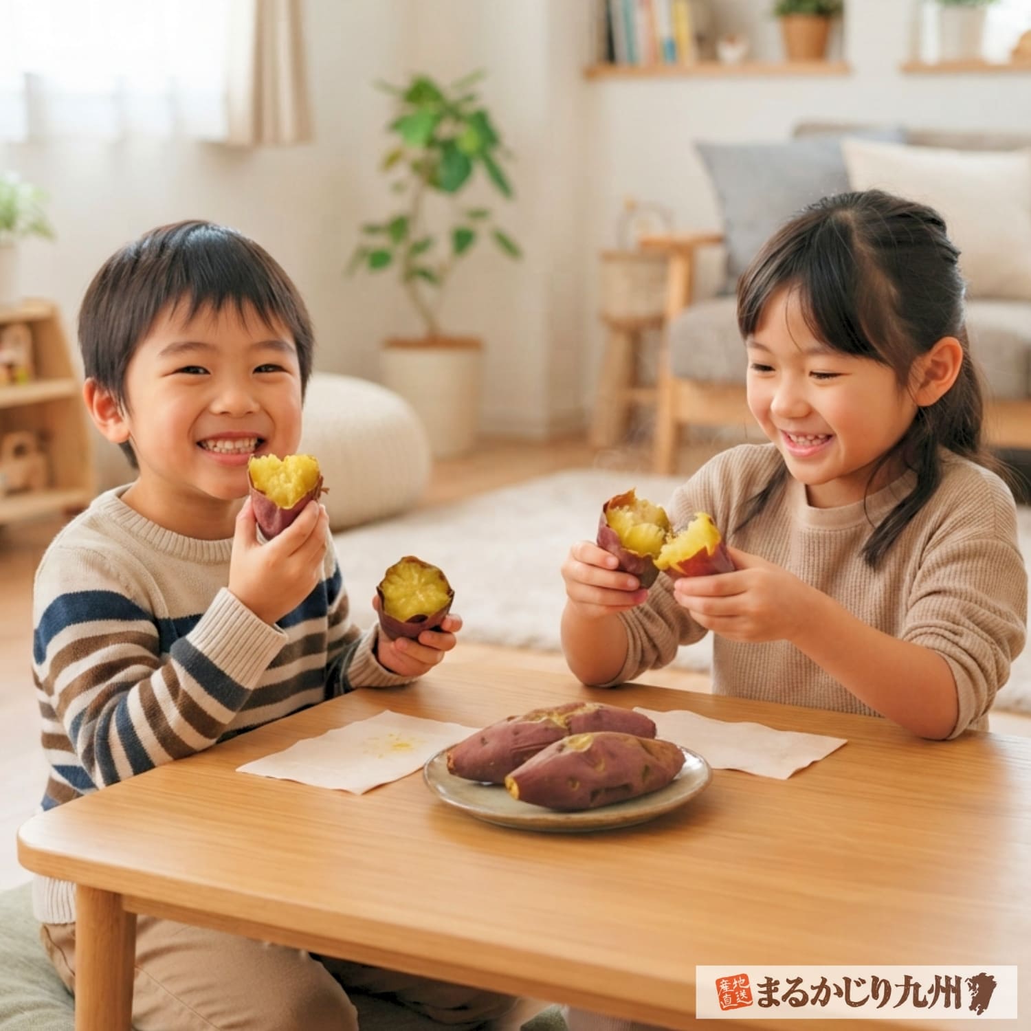 焼き芋にした紅はるかを美味しそうに食べる日本人の子ども