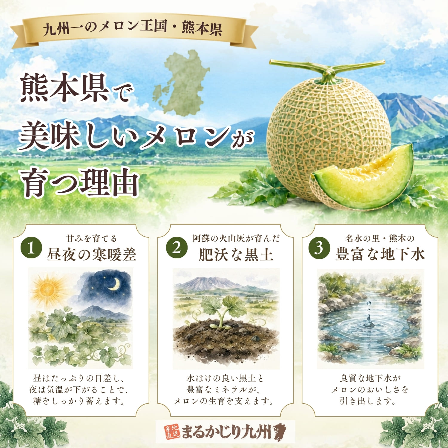 熊本県の自然環境が高品質なアールスメロンを育てる理由をまとめたインフォグラフィック