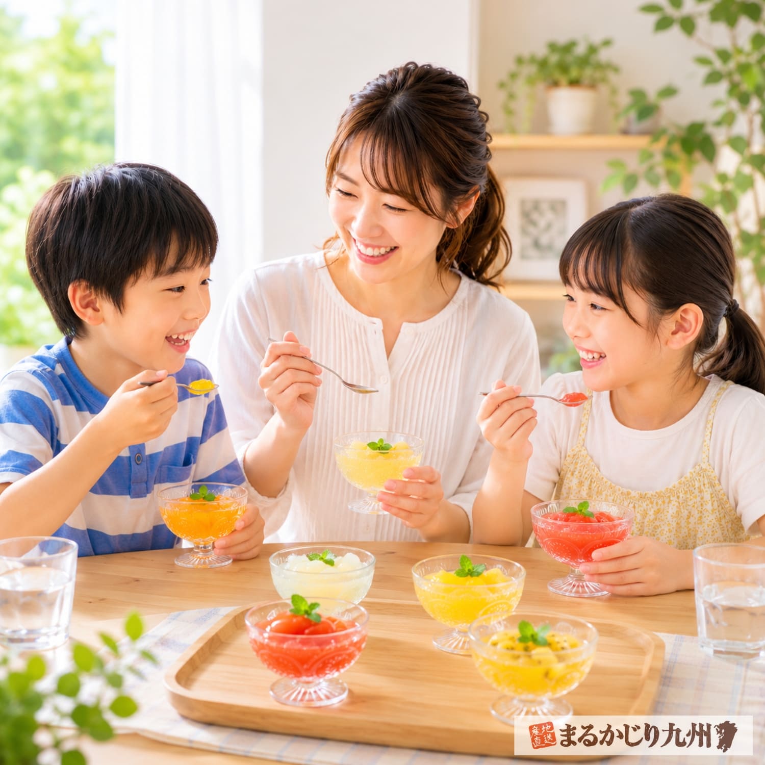 フルーツゼリーを食べ比べする日本人の子どもたち