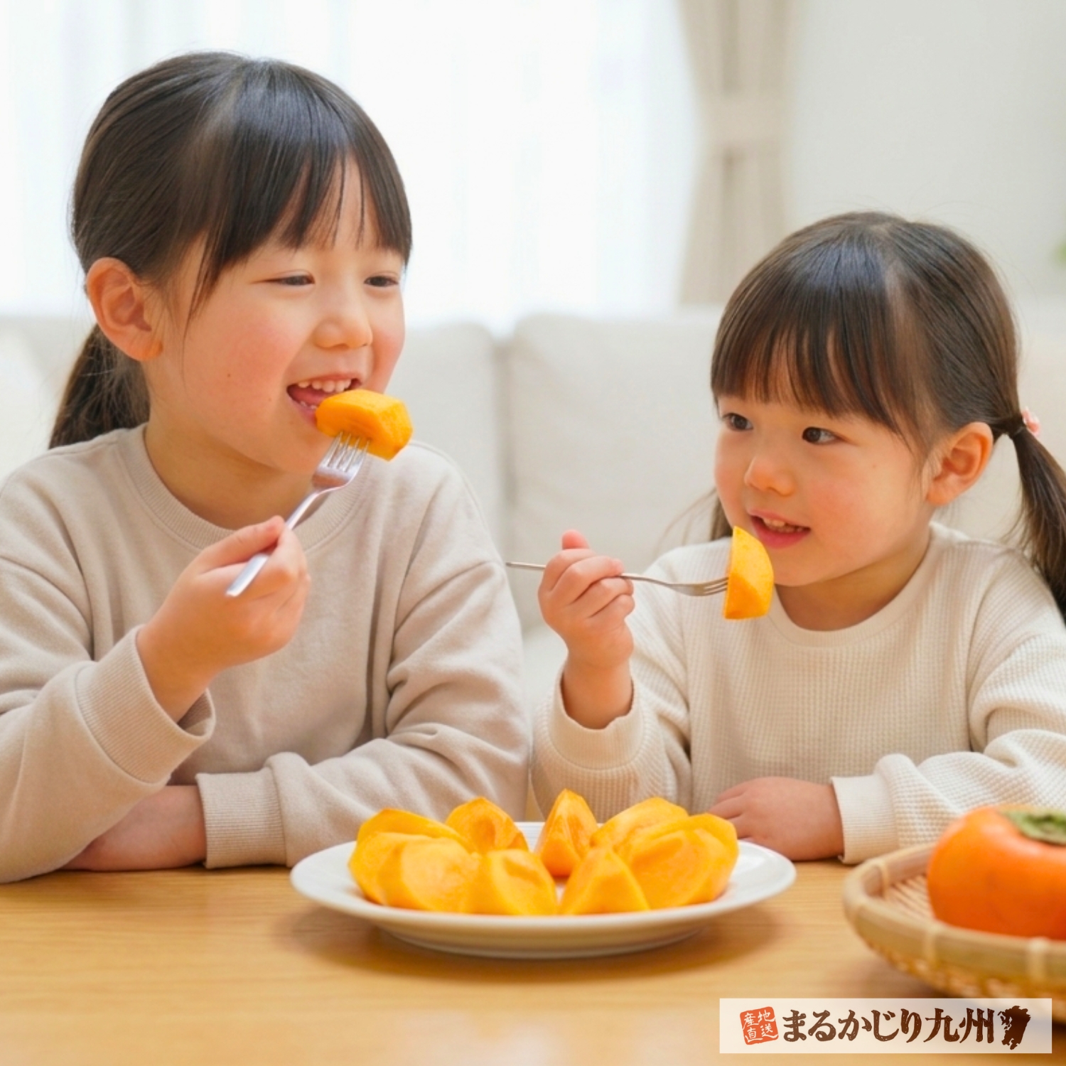 福岡県産富有柿を美味しそうに食べる日本人の小学生姉妹