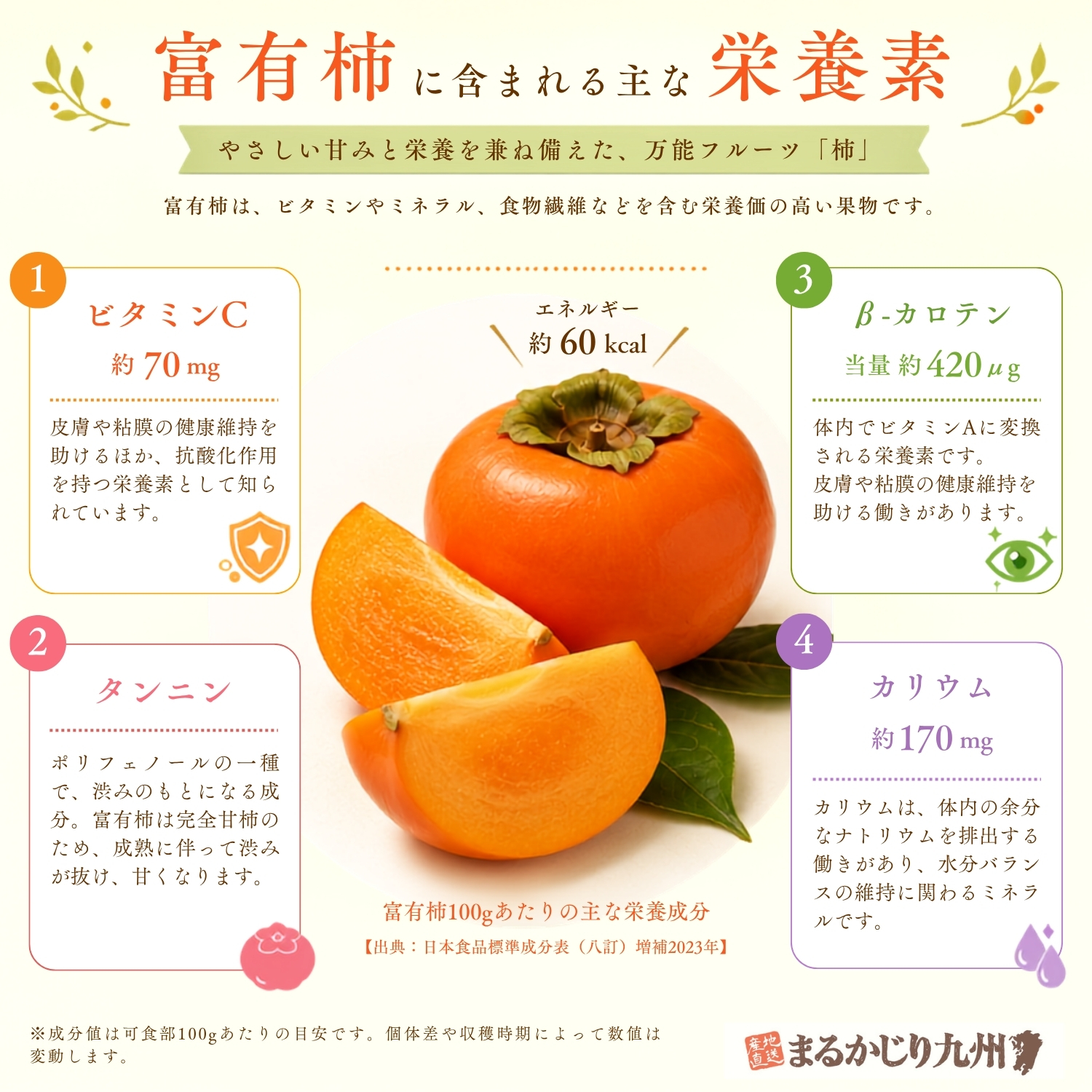 富有柿に含まれる主な栄養素をまとめたインフォグラフィック