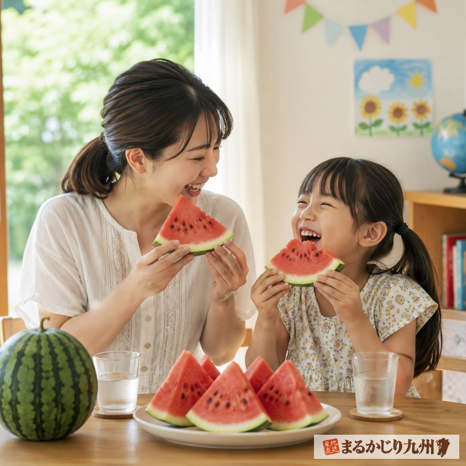 夏休みに親子で小玉すいかを楽しむ様子