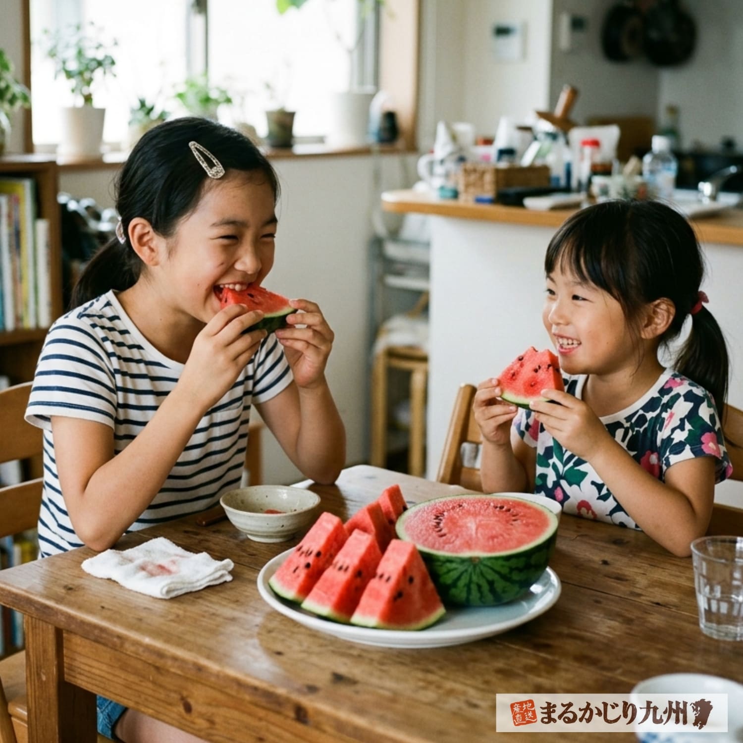 小玉すいか「ひとりじめ」を美味しそうに食べる姉妹。子どもにも人気の熊本県産小玉すいか