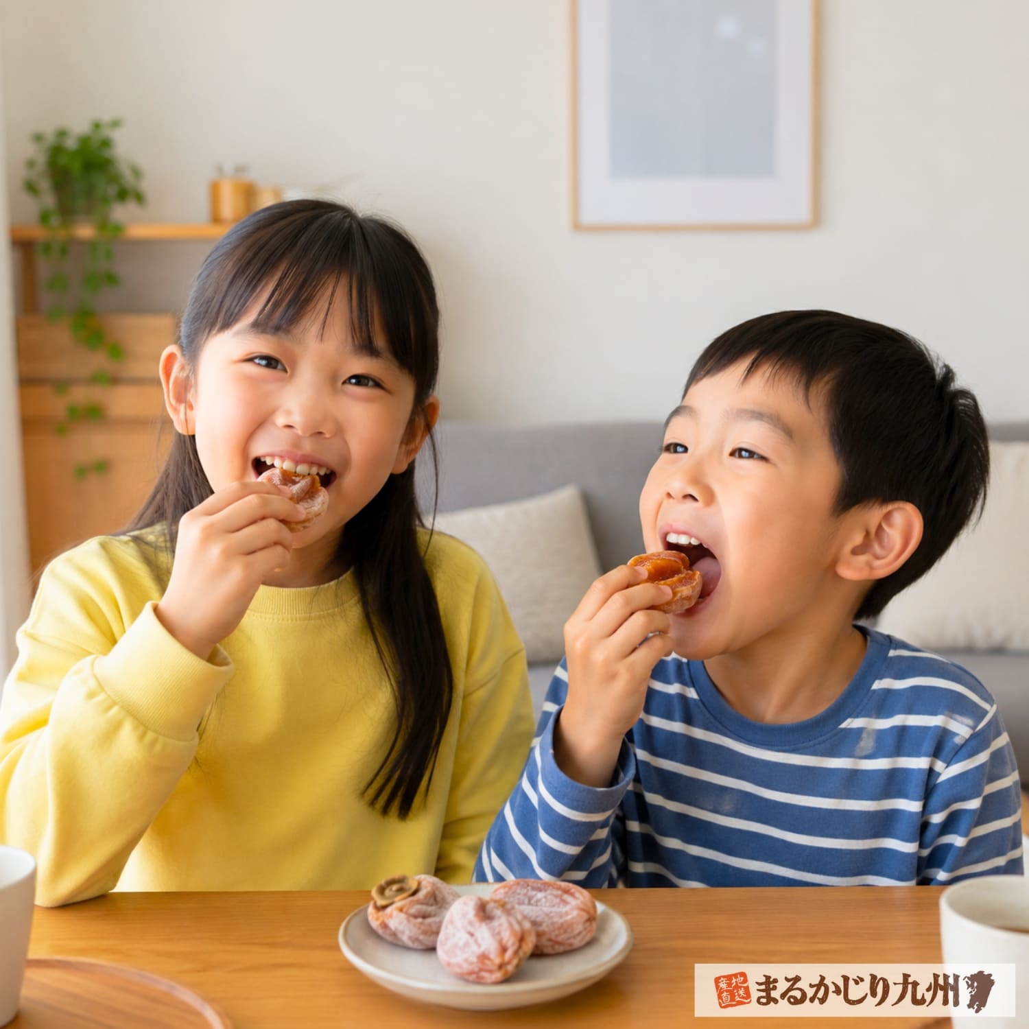 リビングで一粒干し柿を美味しそうに食べる日本人の小学生姉弟