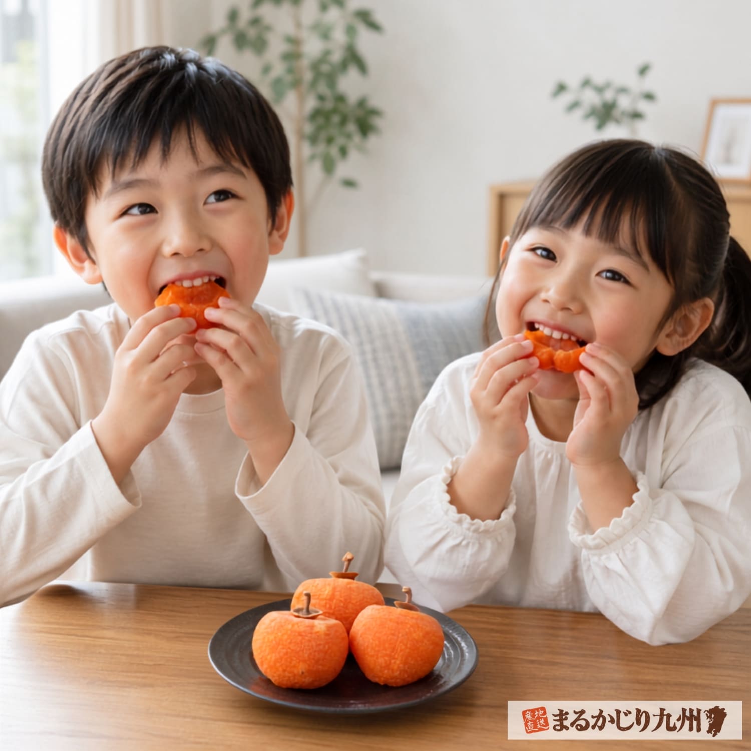 福岡県産干し蜜柿を美味しそうに食べる日本人の子ども