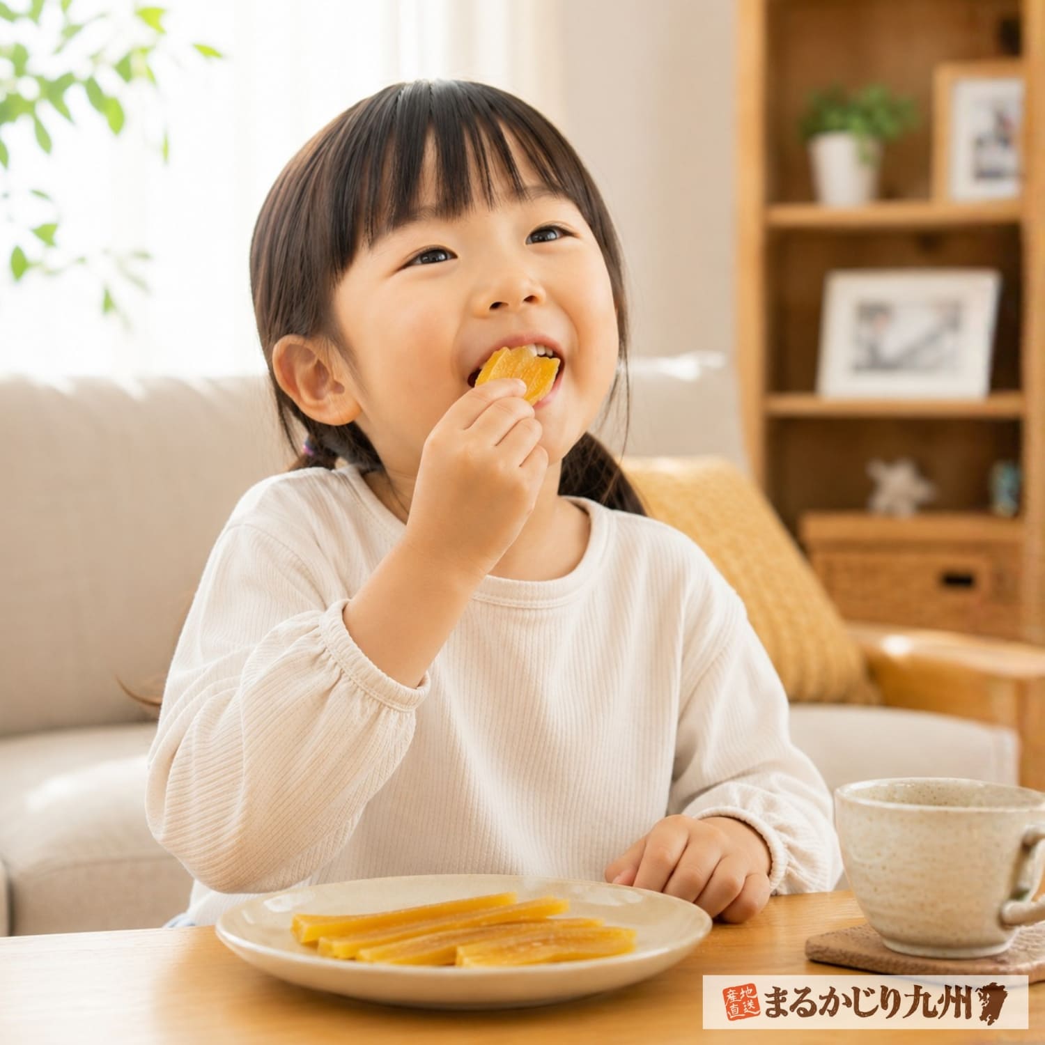 鹿児島県産紅はるかの干し蜜芋を美味しそうに食べる日本人の子ども