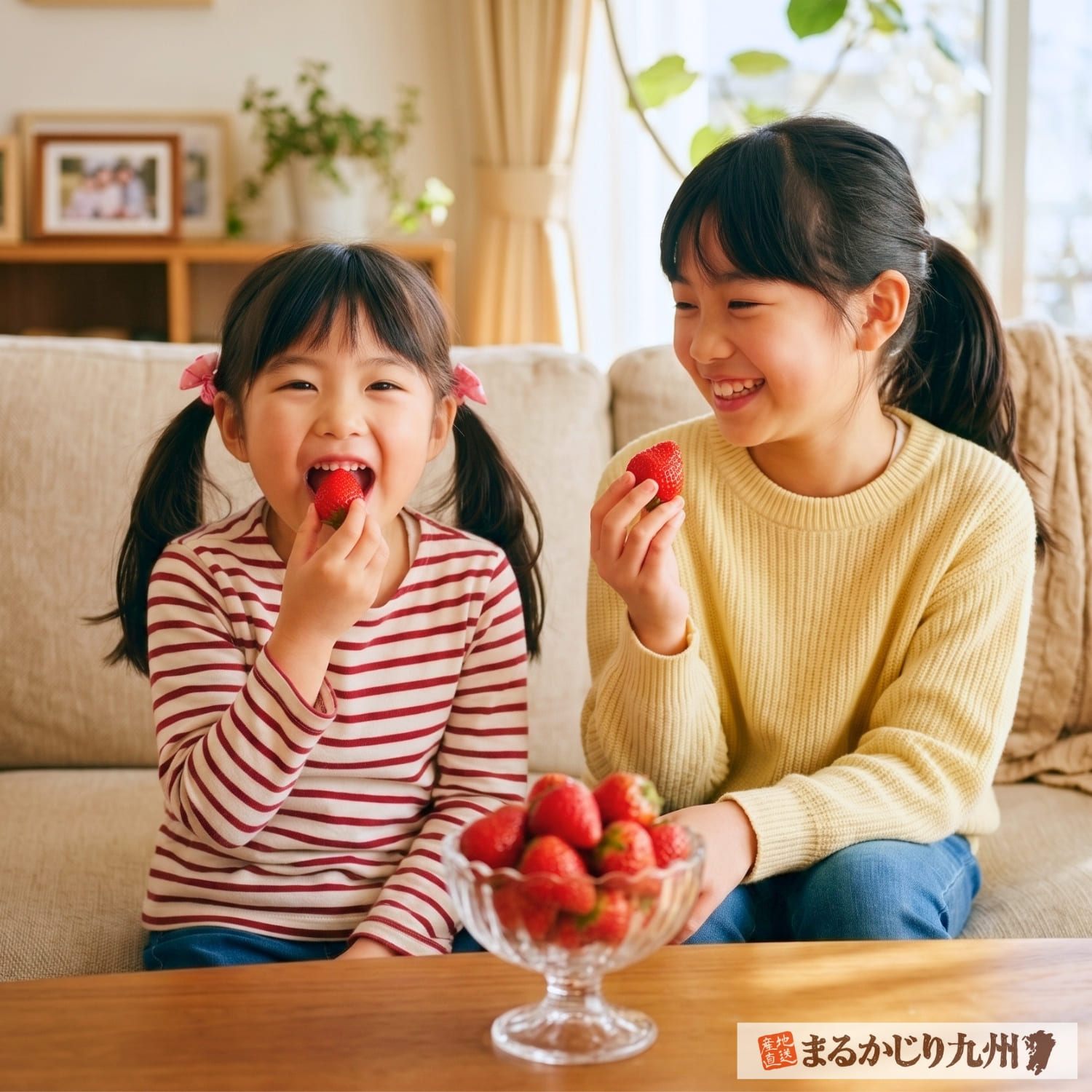 佐賀県産いちごさんを笑顔で食べる日本人の小学生姉妹