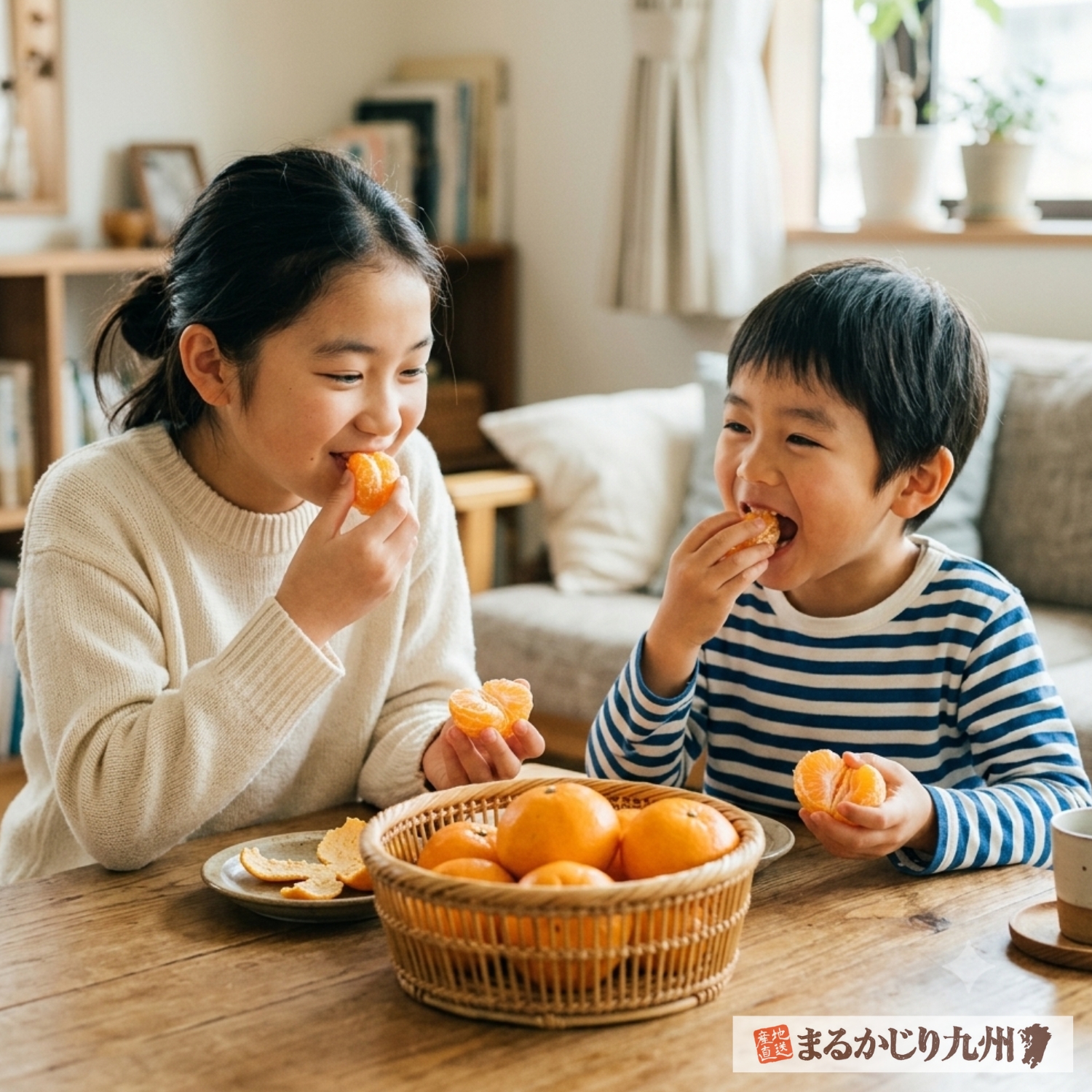 甘熟贅沢みかんを美味しそうに食べる小学生の姉弟