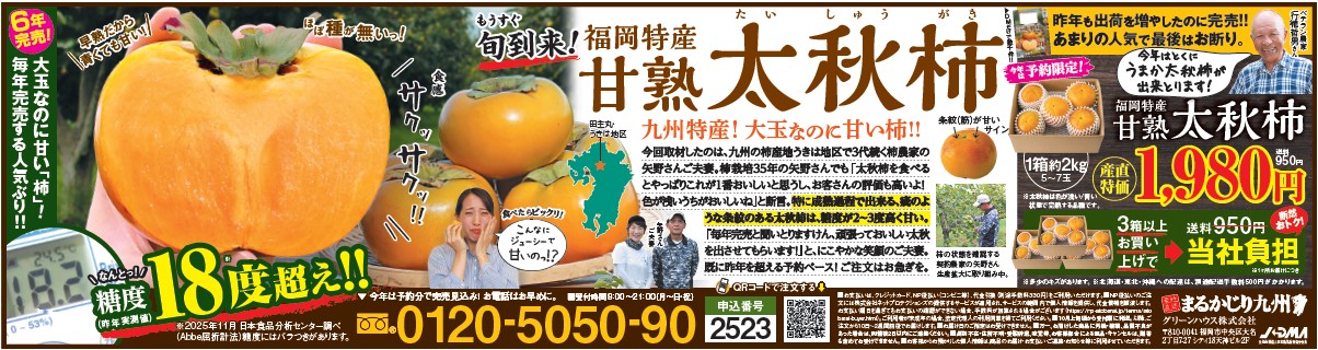【太秋柿】旬の時期に名産地福岡県より通販でお届けします。「幻の柿」と呼ばれる希少品種！