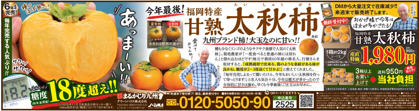 【太秋柿】旬の時期に名産地福岡県より通販でお届けします。「幻の柿」と呼ばれる希少品種！