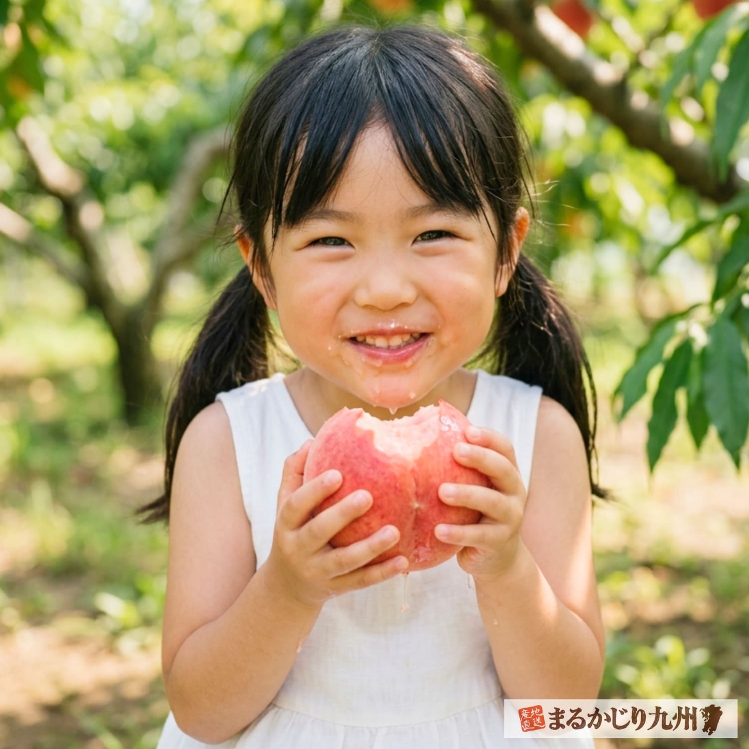 福岡県朝倉市産の桃を美味しそうに食べる子供