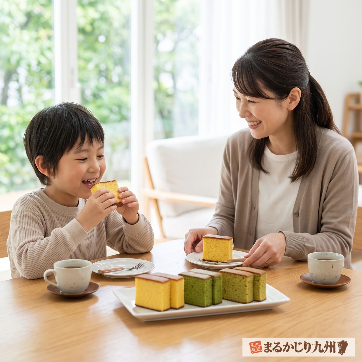 蜂蜜・抹茶・青梅の長崎街道カステラを少しずつ取り分けて食べ比べる様子