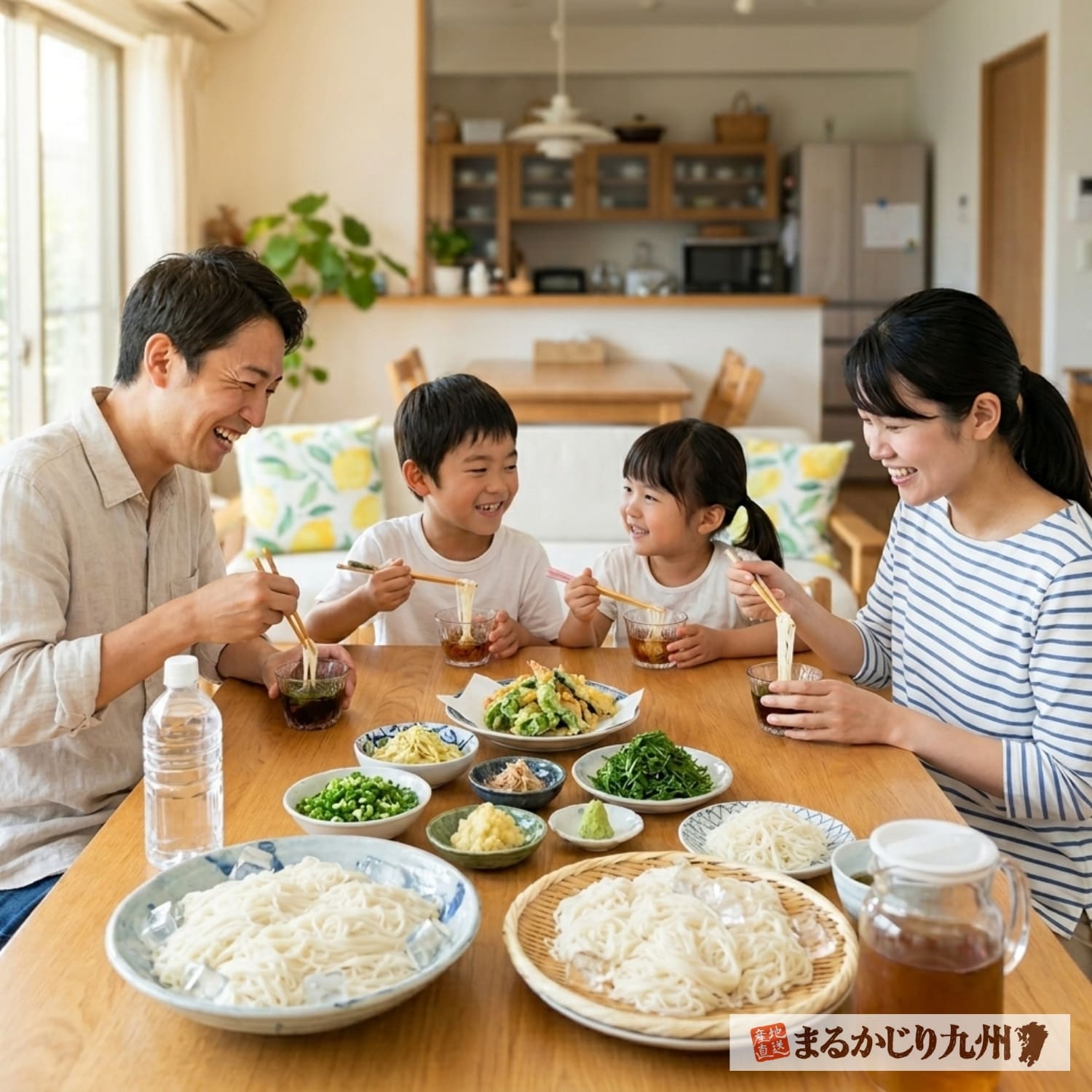 家族で手延べそうめんを楽しむ食卓風景