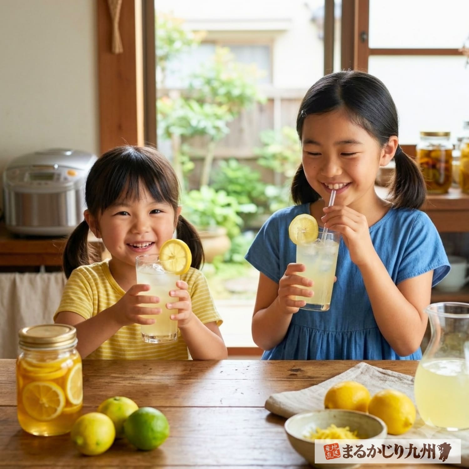 レモネードを飲む日本人の小学生姉妹
