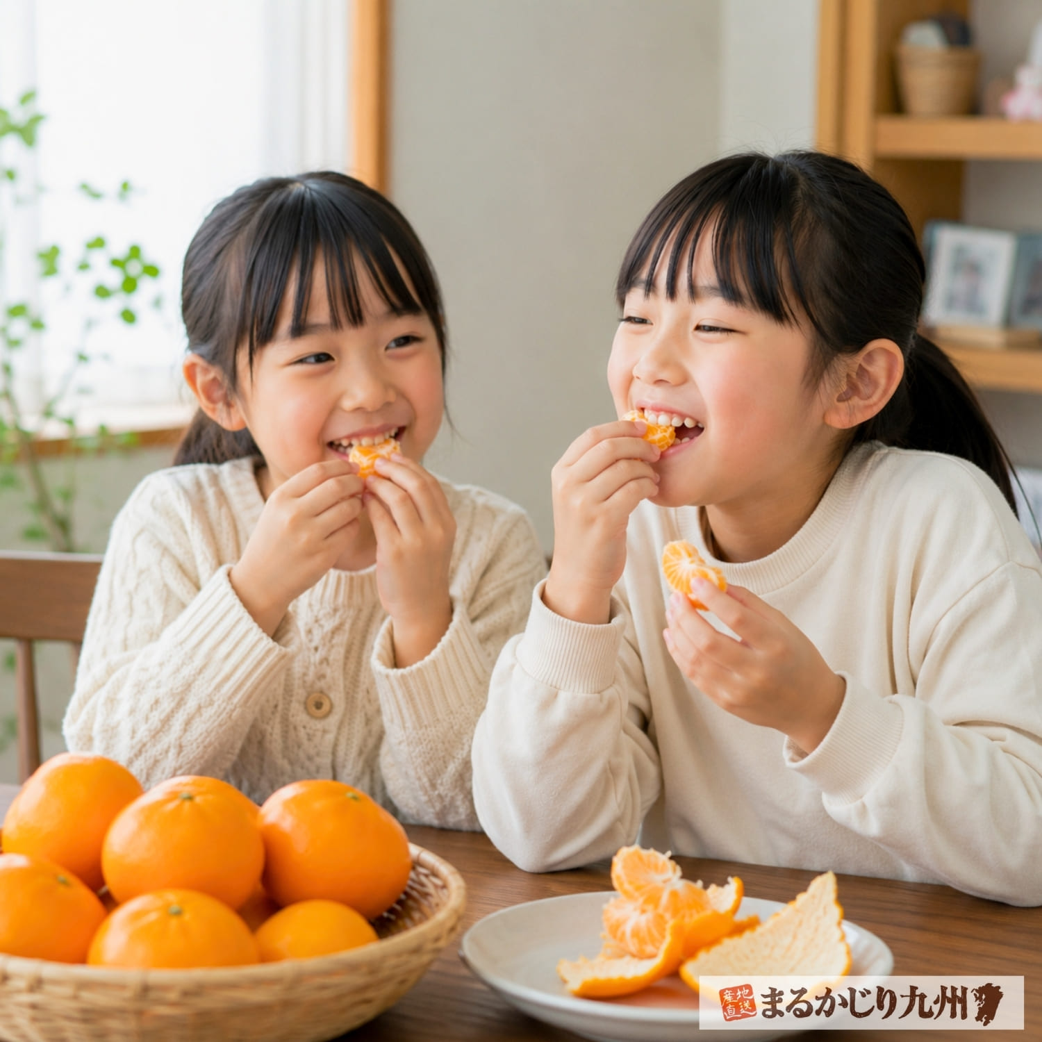 お取り寄せした温州みかんを美味しそうに食べる小学生の姉妹