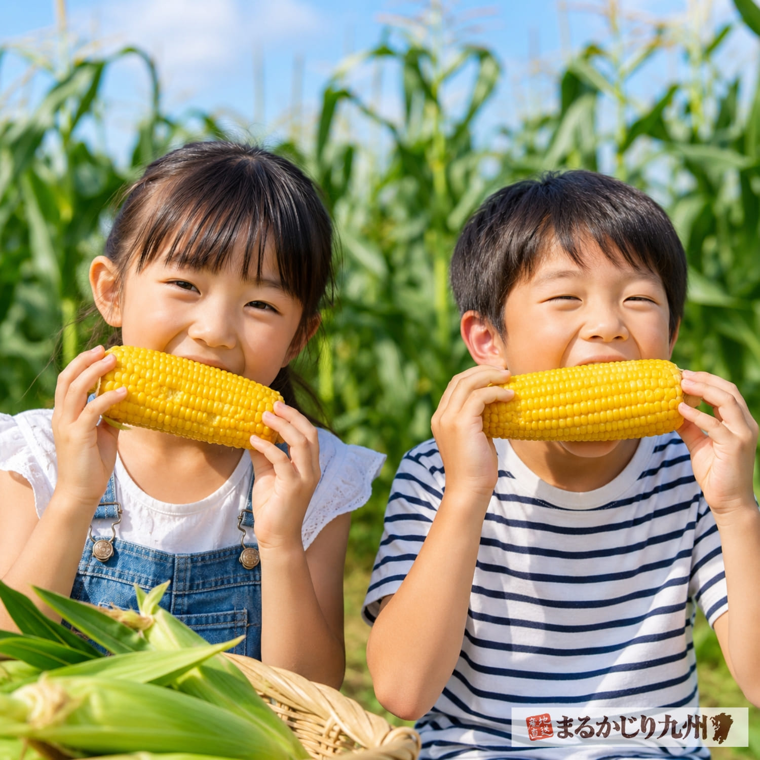 甘く瑞々しいスイートコーンを笑顔で頬張る子供。夏の旬を感じる産地直送の美味しさ